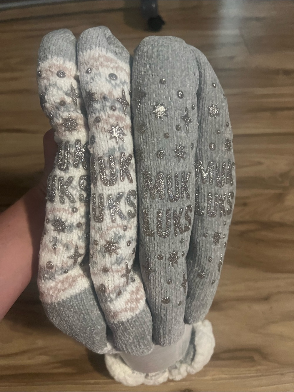 Muk Luks Women's Cabin Socks - White, Gray & Light Pink Fair Isle Pair - Picture 4 of 7